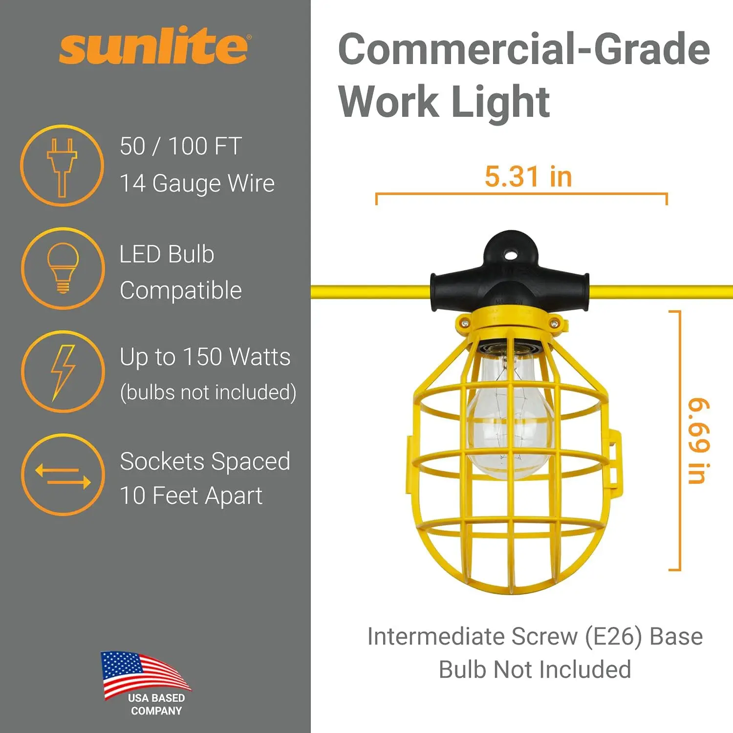 Sunlite Construction Cage String Lights, 50ft, 5 Medium Base Sockets (E26), 75W Max per Bulb (Bulbs Not Included), ETL Rated, In