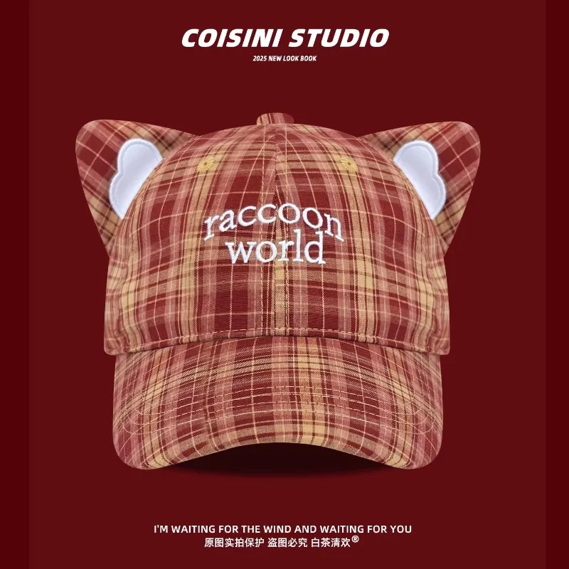 

Корейская модная бейсболка с кошачьими ушками в клетку контрастных цветов, Y2K, весна-лето, для путешествий, защита от солнца, универсальная, милая женская шляпа