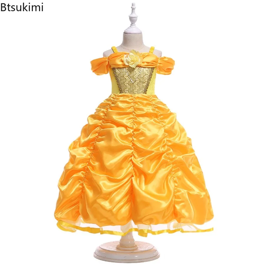 Girl's Princess Dress Halloween Role Playing Costume Yellow One Shoulder Flower Decorative Dress Children's Wedding Ball Dress