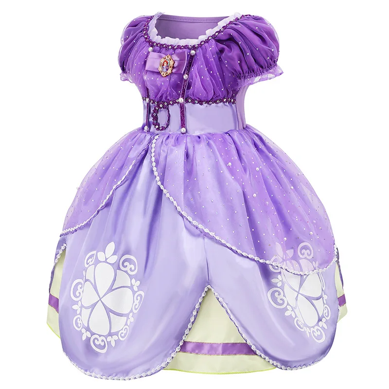 Little Princess Dress For Girl Sofia Children Pearl Applique Cosplay Costume Kids Halloween Luxury Fluffy Tulle Clothes New