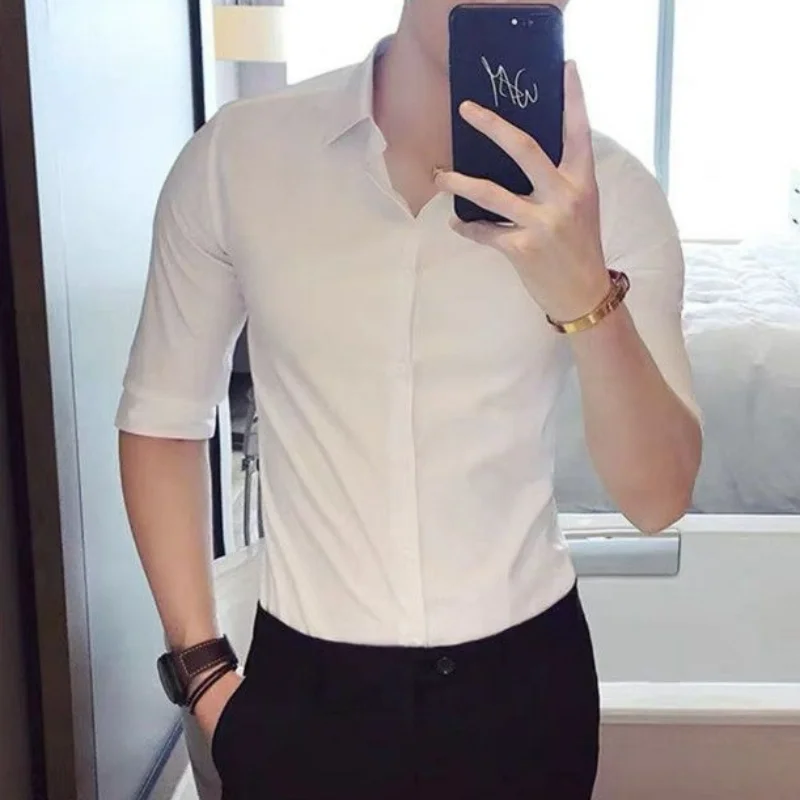 Korean Fashion Trend Casual Elastic Design Sense Short Sleeve Shirt Men\'s Solid Lapel Collar Button Breathable Simple Slim Tops