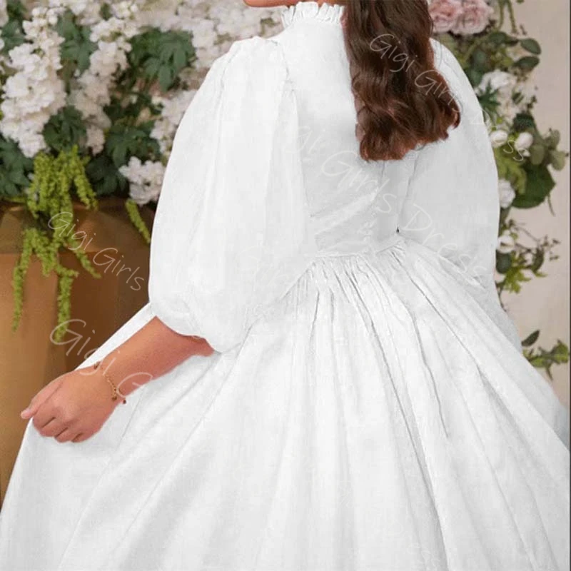 فستان فتاة الزهور الوردي لحفلات الزفاف للأطفال الصغار برقبة عالية وأكمام بالونية ثوب حفلة مطوي من الساتان فستان التواصل الأول مخصص #4