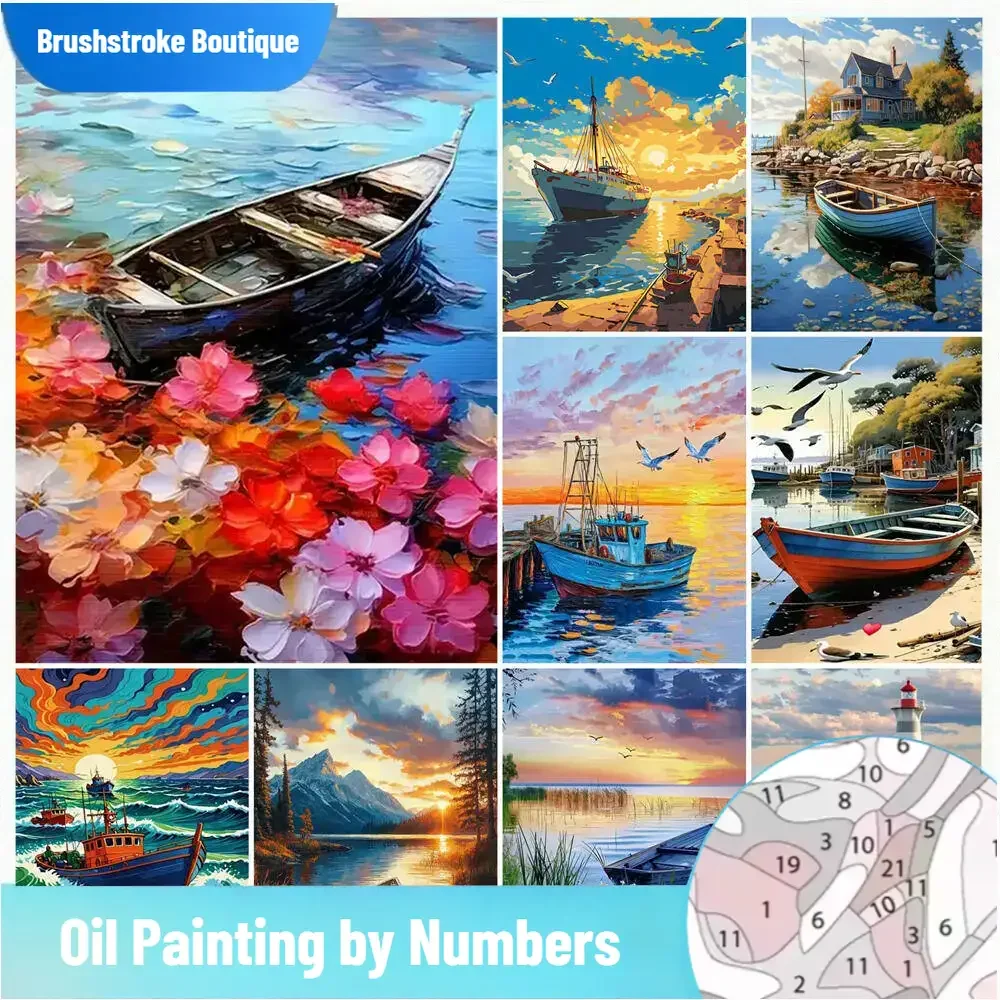 

DIY Coloring By Numbers Boat Sailboat Digital Oil Painting Landscape Seaside Mountain House Paint By Number Kit Handpainted Gif