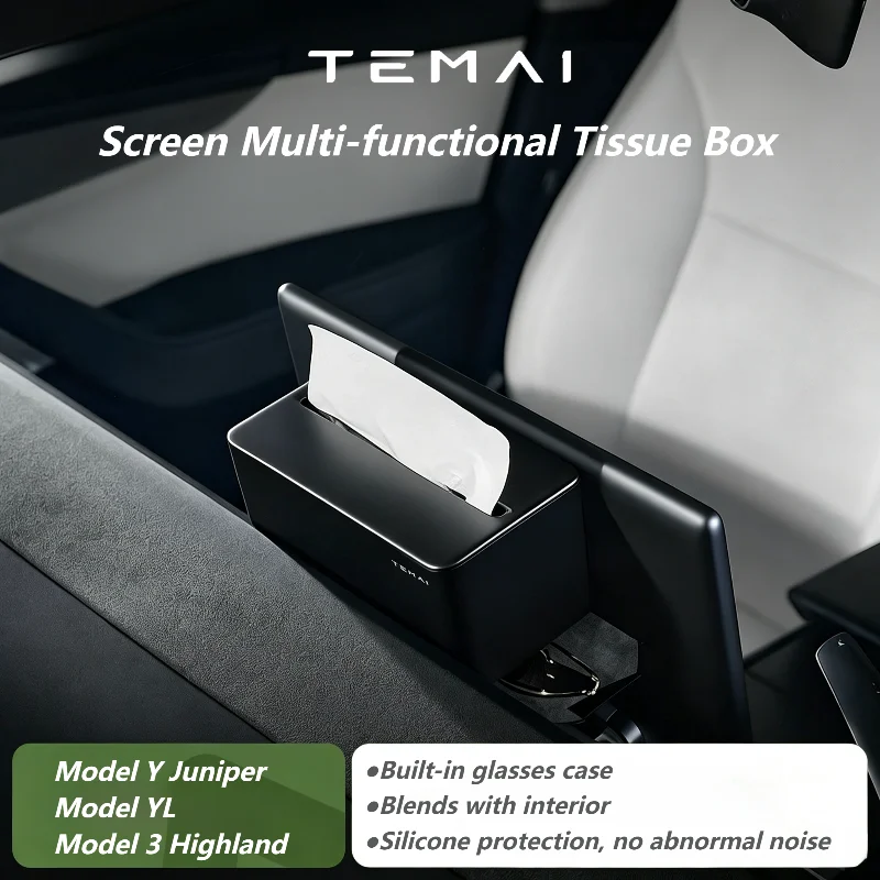 TEMAI Central Control Screen Tissue Box for Tesla Model Y YL Juniper Model 3 Highland, with Multifunctional Glasses Storage Case