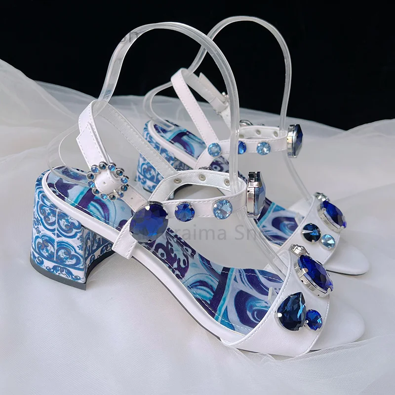 Diamond Blue and White Sandals Women Summer 2024New Bohemian Rhinestone Gem One Belt Chunkt High Heel Sandals Ladies Shoes