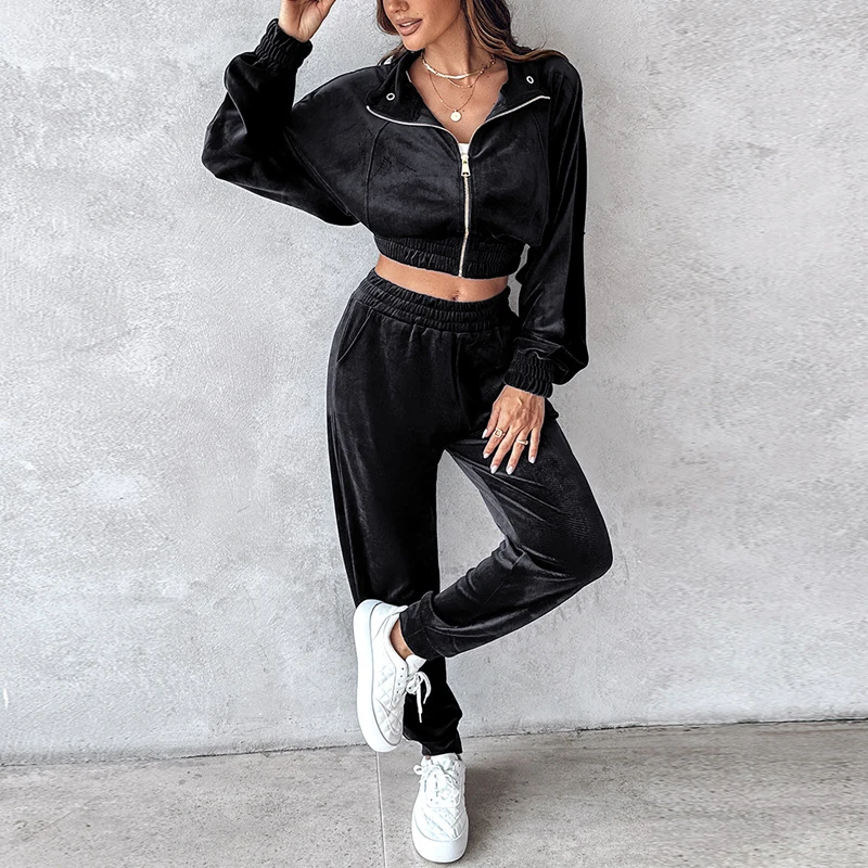 

Fall Winter Solid Soft Velvet Tracksuit Women Casual Zipper Lapel Crop Top Coat & Long Pants Outfit Sexy Sportwear 2pcs Suit Set