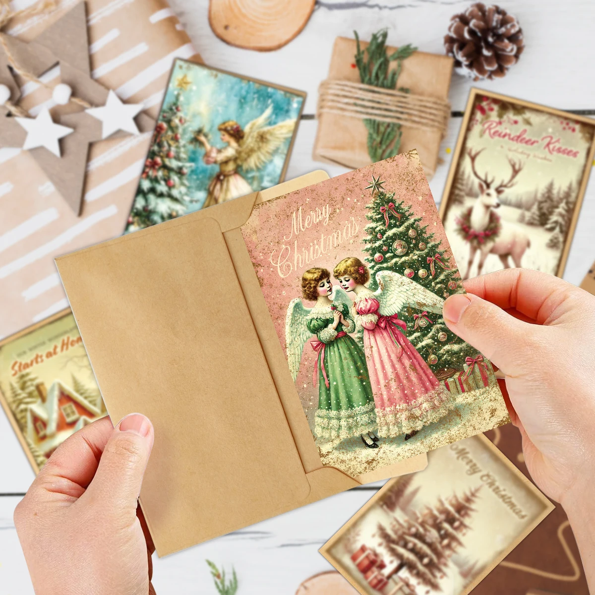 12 Stück Vintage-Weihnachtsgrußkarten, exquisite Illustrationen des Weihnachtsmanns, Weihnachtswünsche für Familie, Freunde, Home-Party-Karte – Detail 5