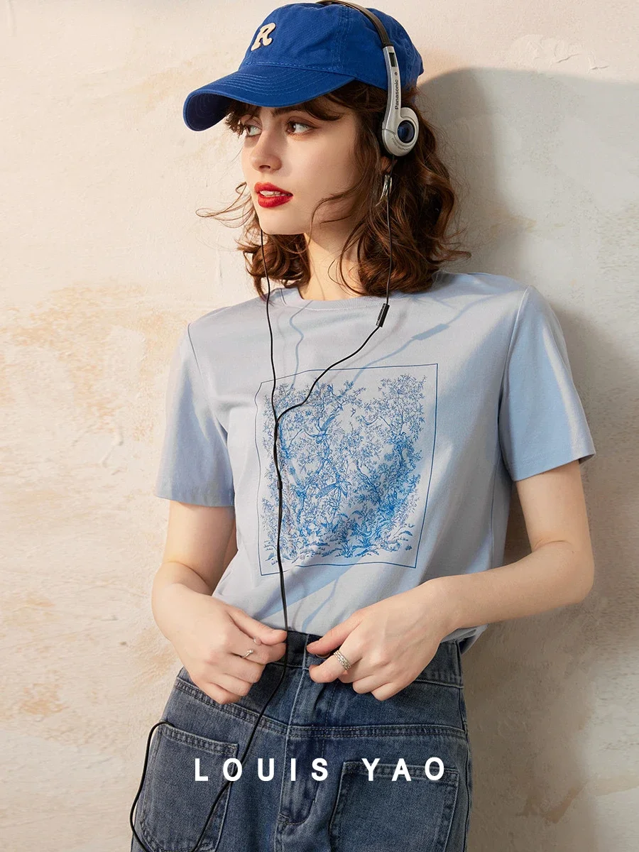 LOUIS YAO Women T-shirt Fashion Print Tee 2024 Summer New Casual Round Neck Short Sleeve Basic Loose Fit T-shirt