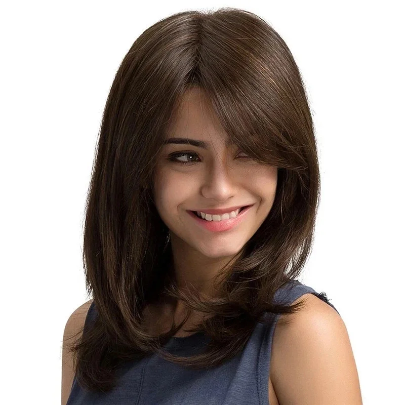 Real Hair New Fashion Gorgeous Long Dark Brown Straight Wigs 16In