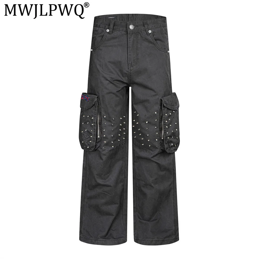 MWJLPWQ 2026 New Autumn Stylish Pointed Work Pants Men's Large Pockets Retro Distressed Design Loose Straight Trousers 21452