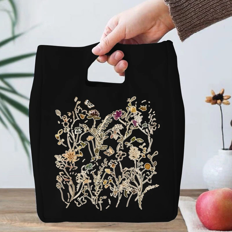 Butterfly Flower Pattern Designs Portable Lunch Bag Women Boho Flower Insulated Canvas Lunch Bag Students Lunch Picnic Food Bags