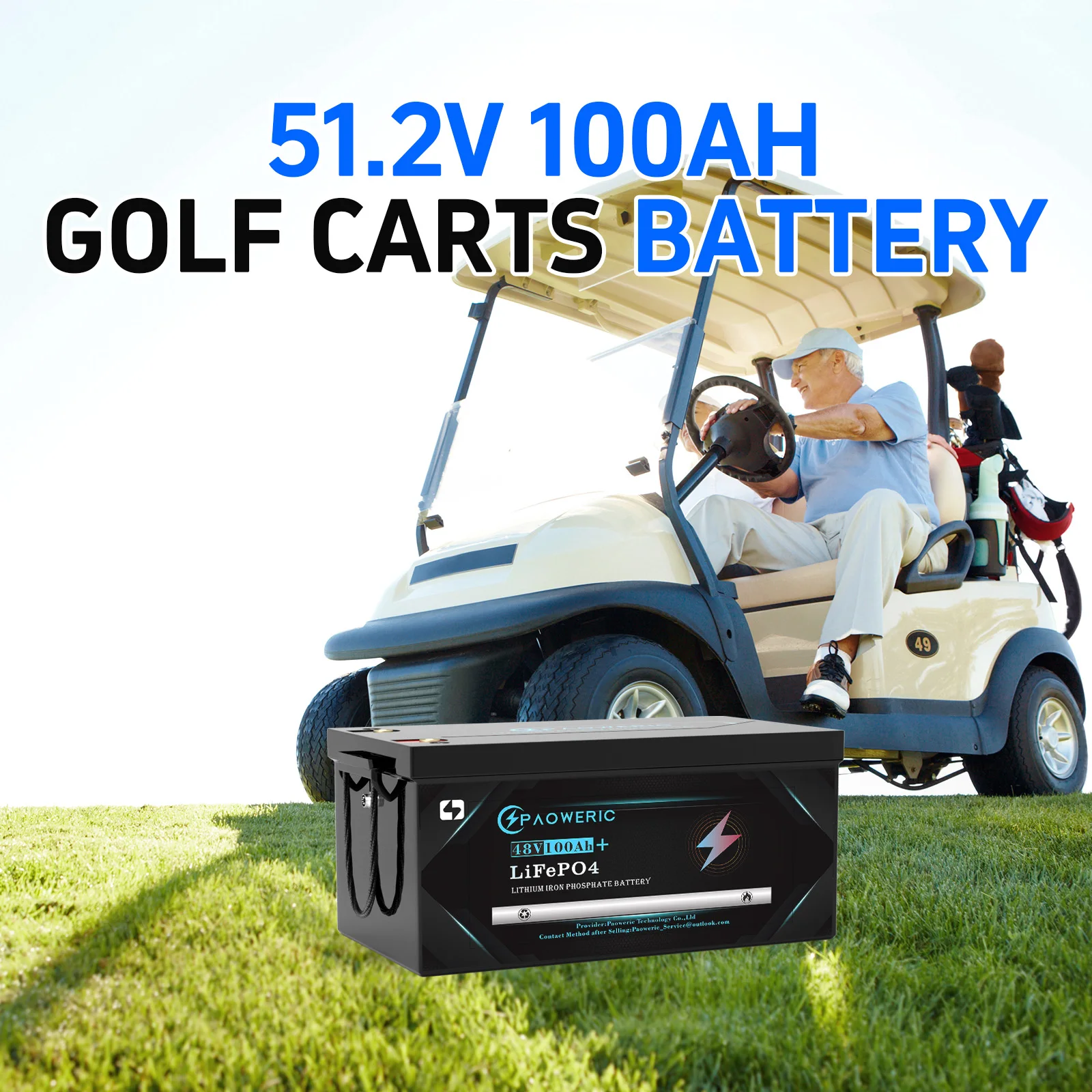 Paoweric 48V 100Ah LiFePO4 Lithium Golf Cart Battery with Charger, Built-in Smart 200A BMS, with LCD Monitor and Mobile APP, Max.10.24KW Power Output, Perfect for Golf Cart, Trolling Motor