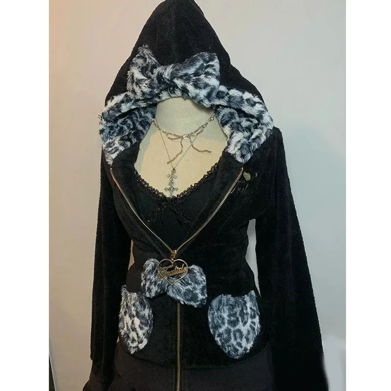 Streetwear Y2KสตรีPullover Hoodie Retro Harajukuสีชมพูเสือดาวพิมพ์Patchworkเสื้อกันหนาวแนวโน้มแฟชั่นกีฬาHoodie Top