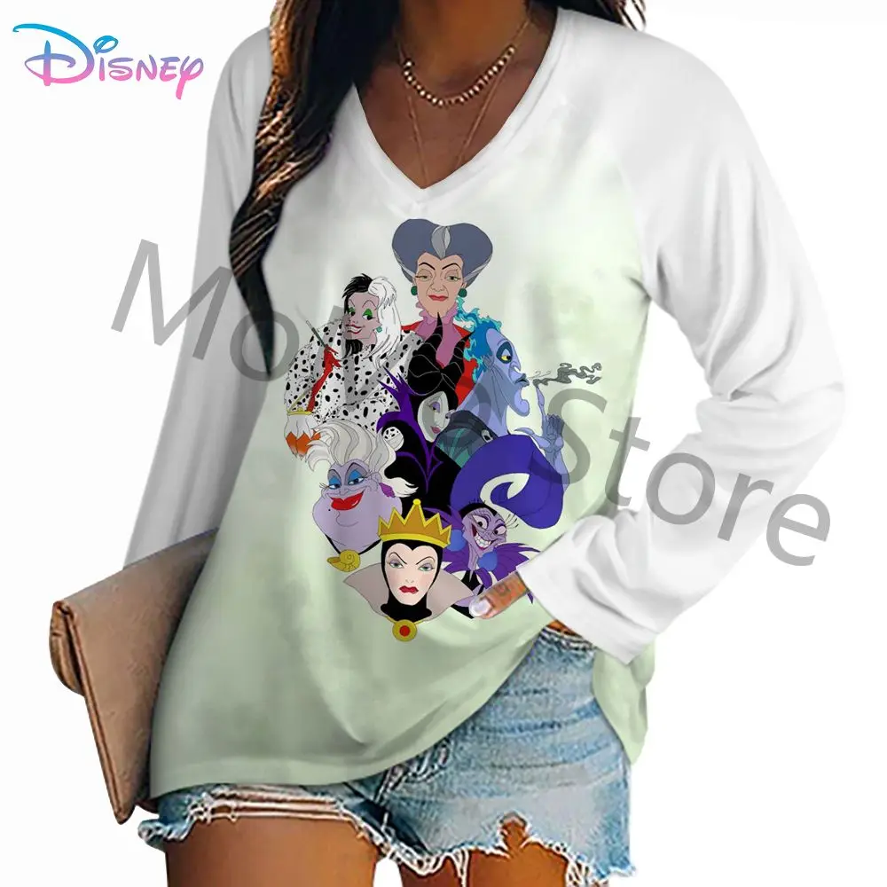 Disney Evil Queen Women's Long Sleeve T-shirts V Neck Autumn Clothes High Quality Streetwear Lovely Fashion New Leisure 2024 Top