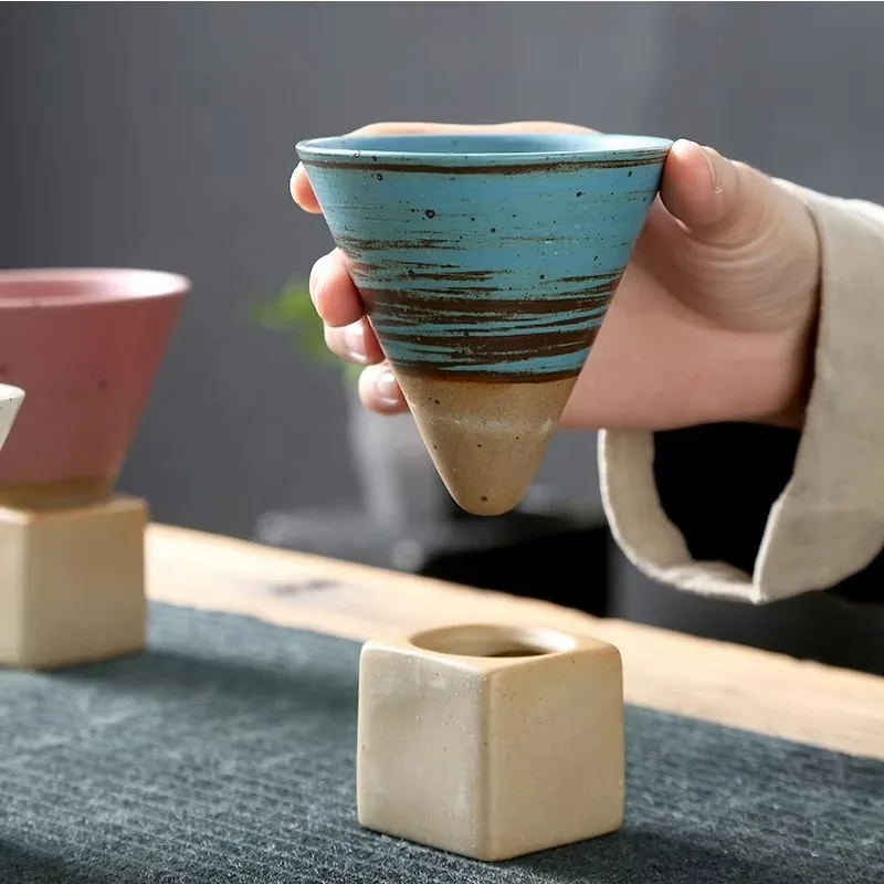 

100Ml conical ceramic coffee cup retro triangular conical cup with base