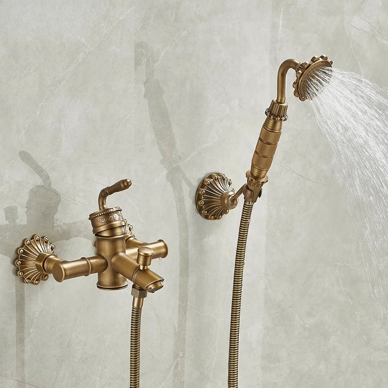 

Antique all-copper shower set, simple bathroom nozzle, wall-mounted bath tub faucet, hot and cold water mixing valve