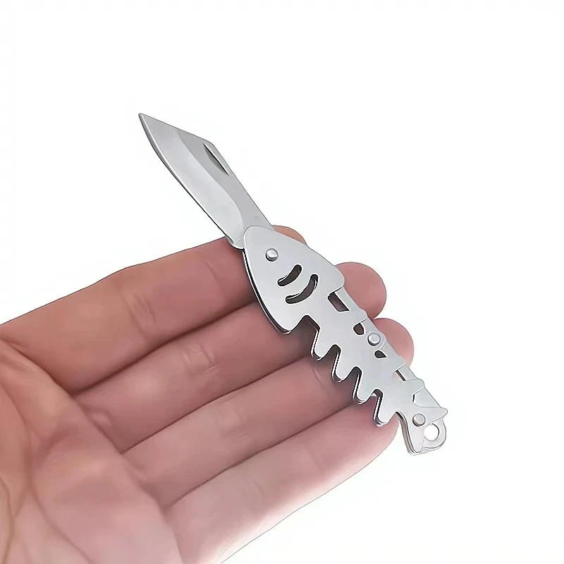 Mini Fish Bone Creative Unboxing Knife with Hanging Key Metal Pocket Mini Stainless Steel Multifunctional Portable Folding Knife