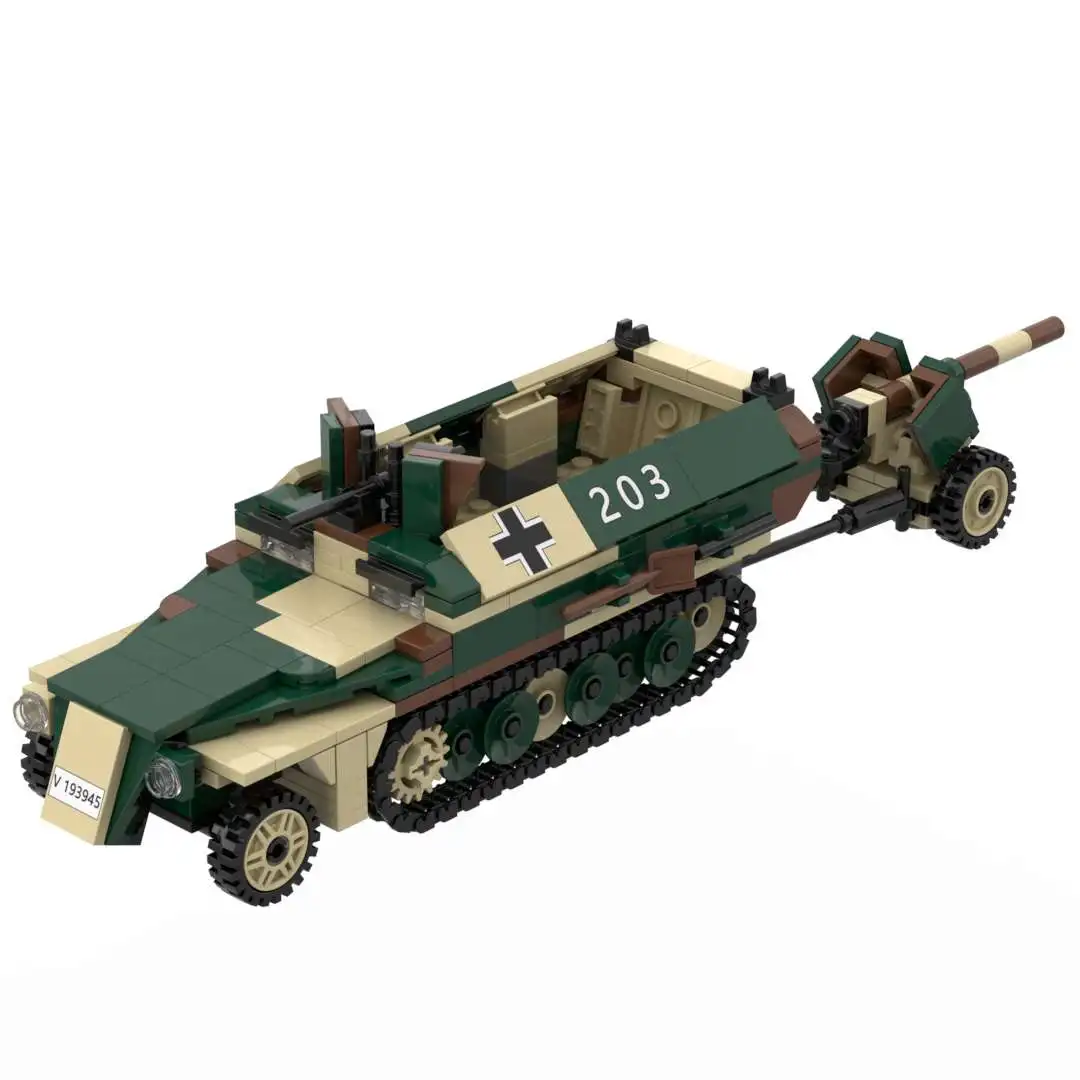 WW2 German Army SdKfz 251 Ausf D Armored Half Track Carrier with Pak40 Anti-Tank Gun Camouflage Military Block Toy