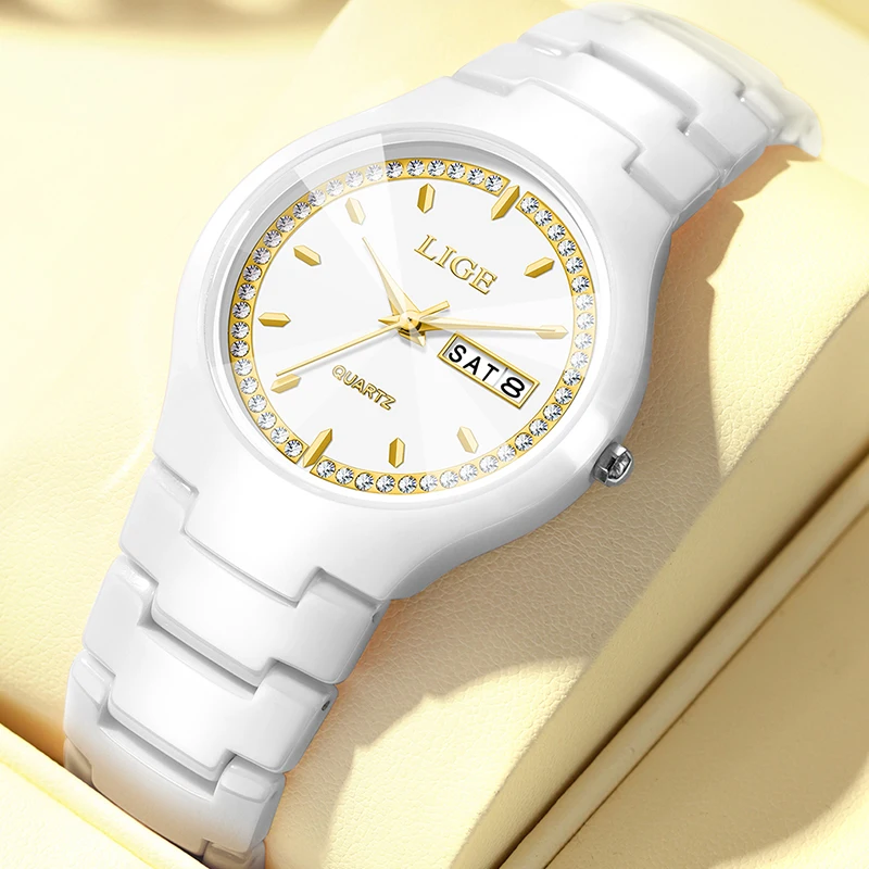 LIGE Top Brand Luxury Women's Watches Elegant Ceramic Steel Waterproof Bracelet Quartz Watch Gift For Women Relogio Feminino+BOX