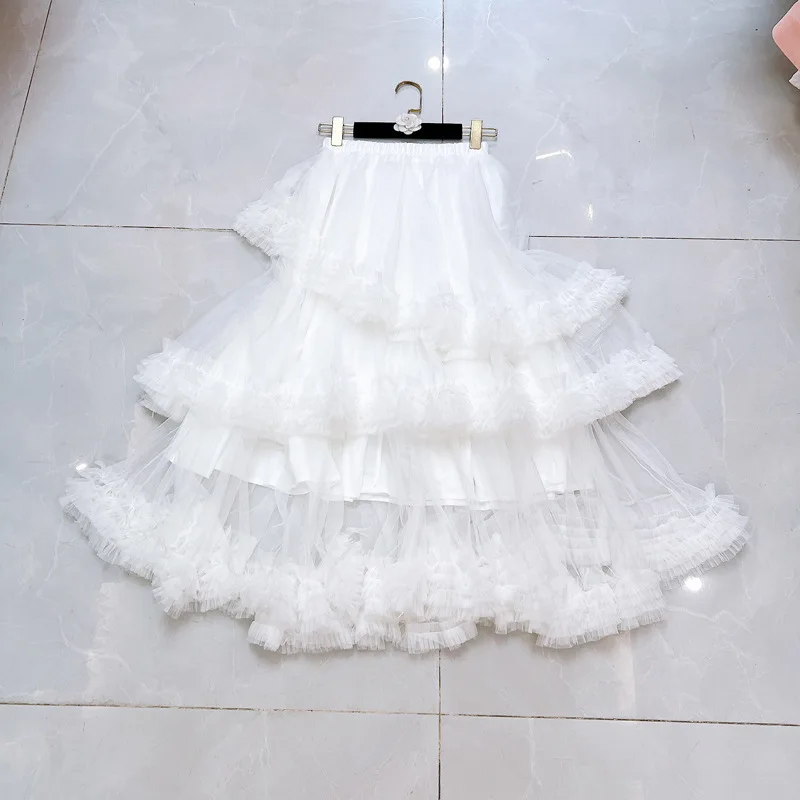 Falda de medio cuerpo acampanada Irregular con volantes de malla amarilla de cintura alta elástica nueva tendencia de moda para mujer primavera otoño 2025