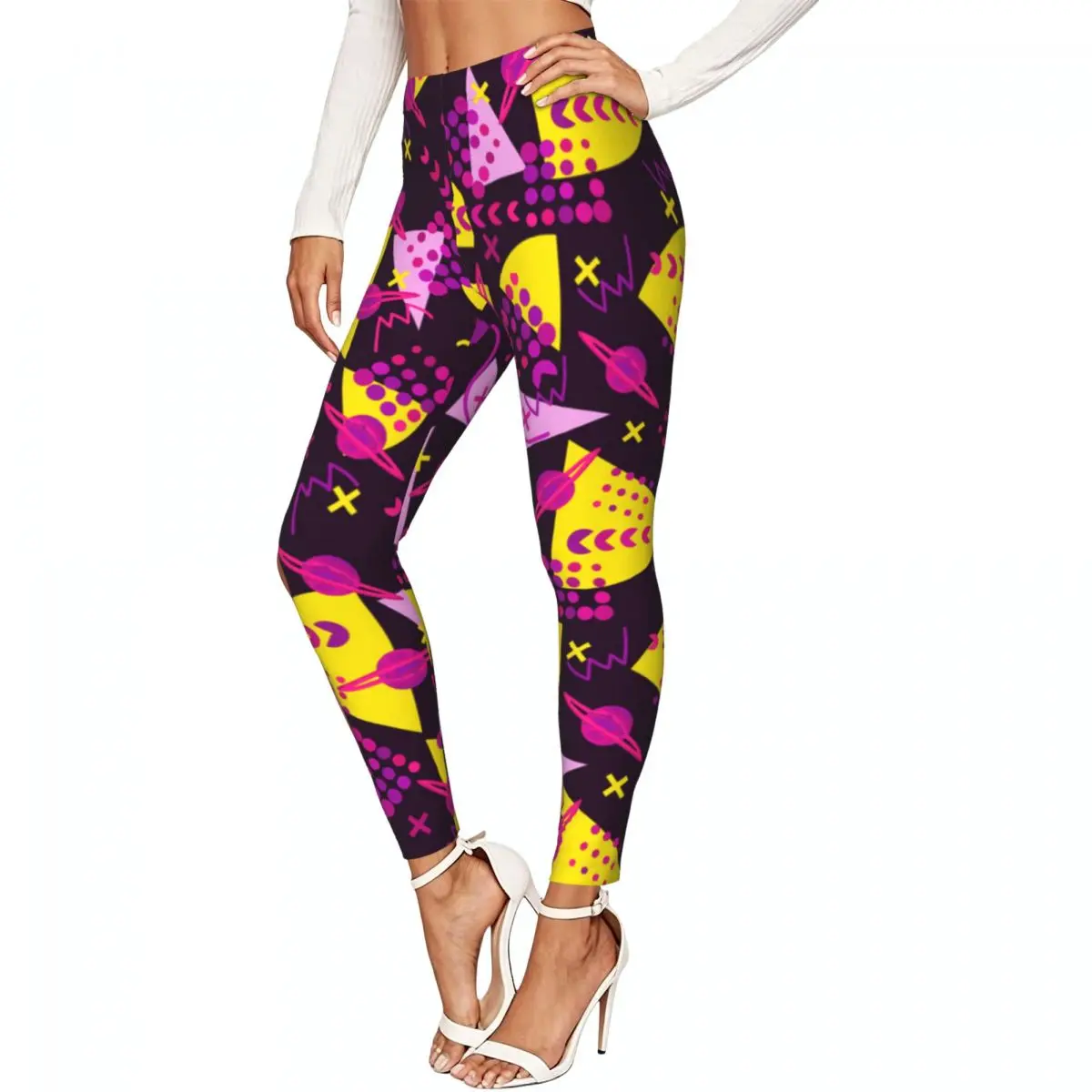 Women High Waist Elastic Leggings Geometric 80s Illustration Slim Fit Stretchy Pants Casual Wear