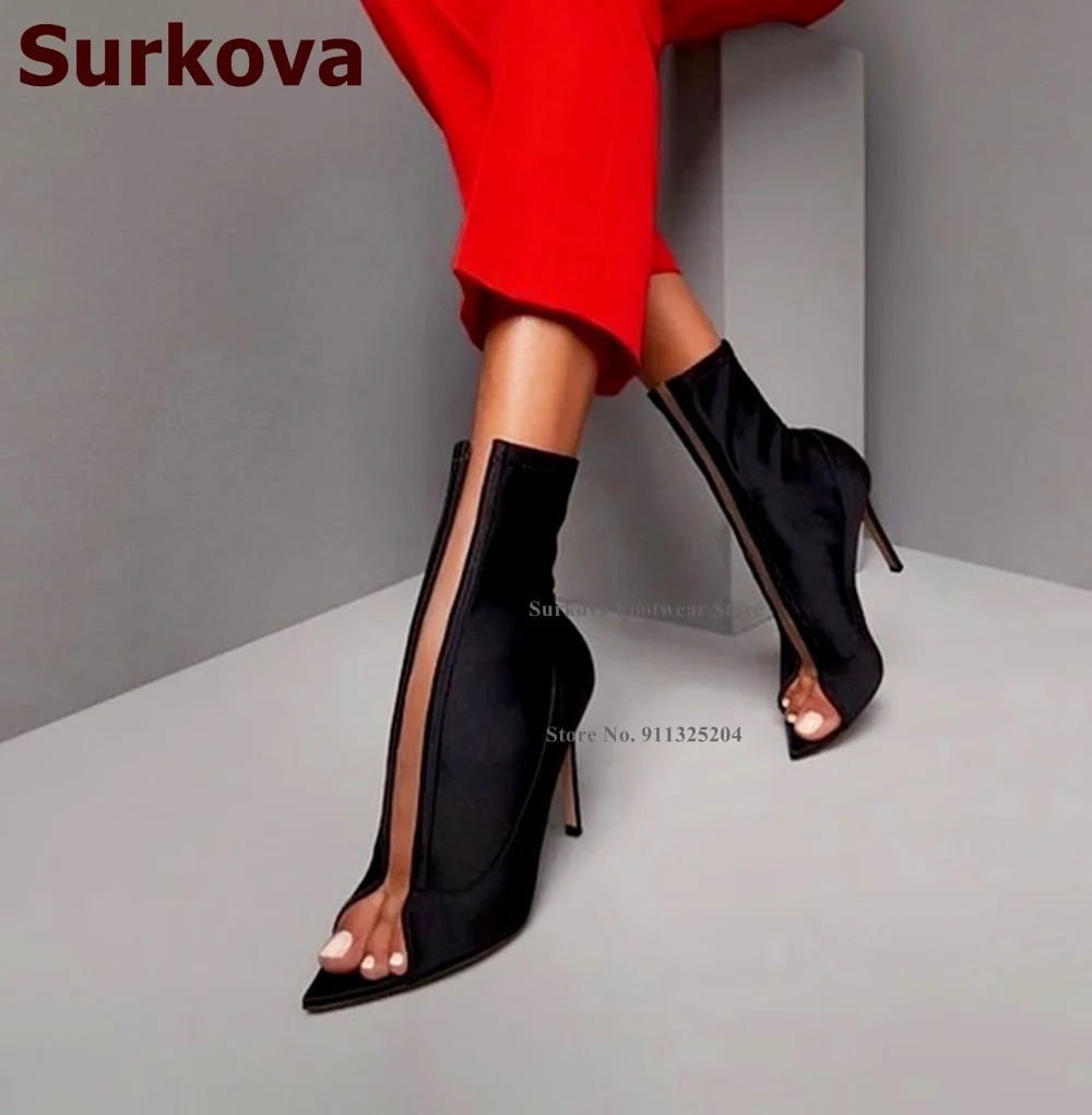 Surkova stivali sopra il ginocchio Patchwork in PVC trasparente Lycra elasticizzato nero donna Sexy tacco alto punta aperta stivali lunghi sandalo