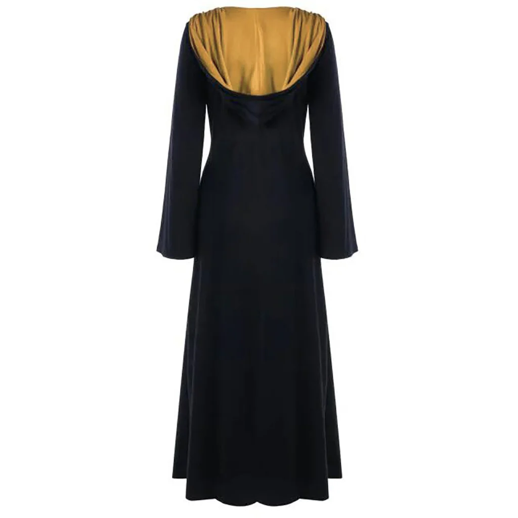 Vestido medieval para mulheres, vestido vintage com capuz, traje adulto, retrô, cosplay, dia das bruxas, assustador, vampiro, bruxa, vestido longo