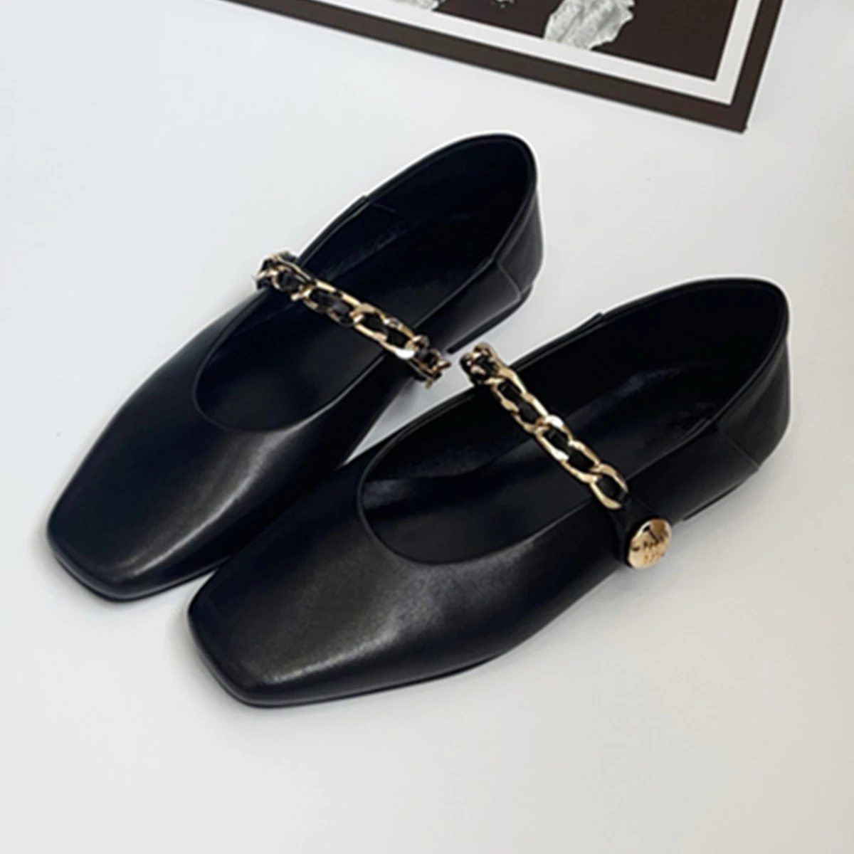 

Jenny&Dave Nordic Minimalist Gold Chain Loafers Leather Casual Commuting Mary JaneGenuine Flat Shoes Women