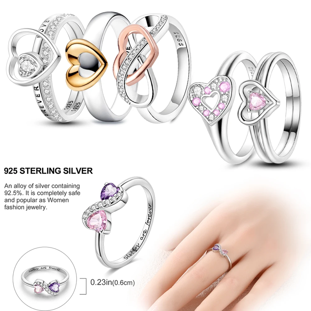 Dazzling 925 Sterling Silver Radiant Two Tone Sliding Heart Ring Fashion Original Ring Lovers Anniversary Love Gift