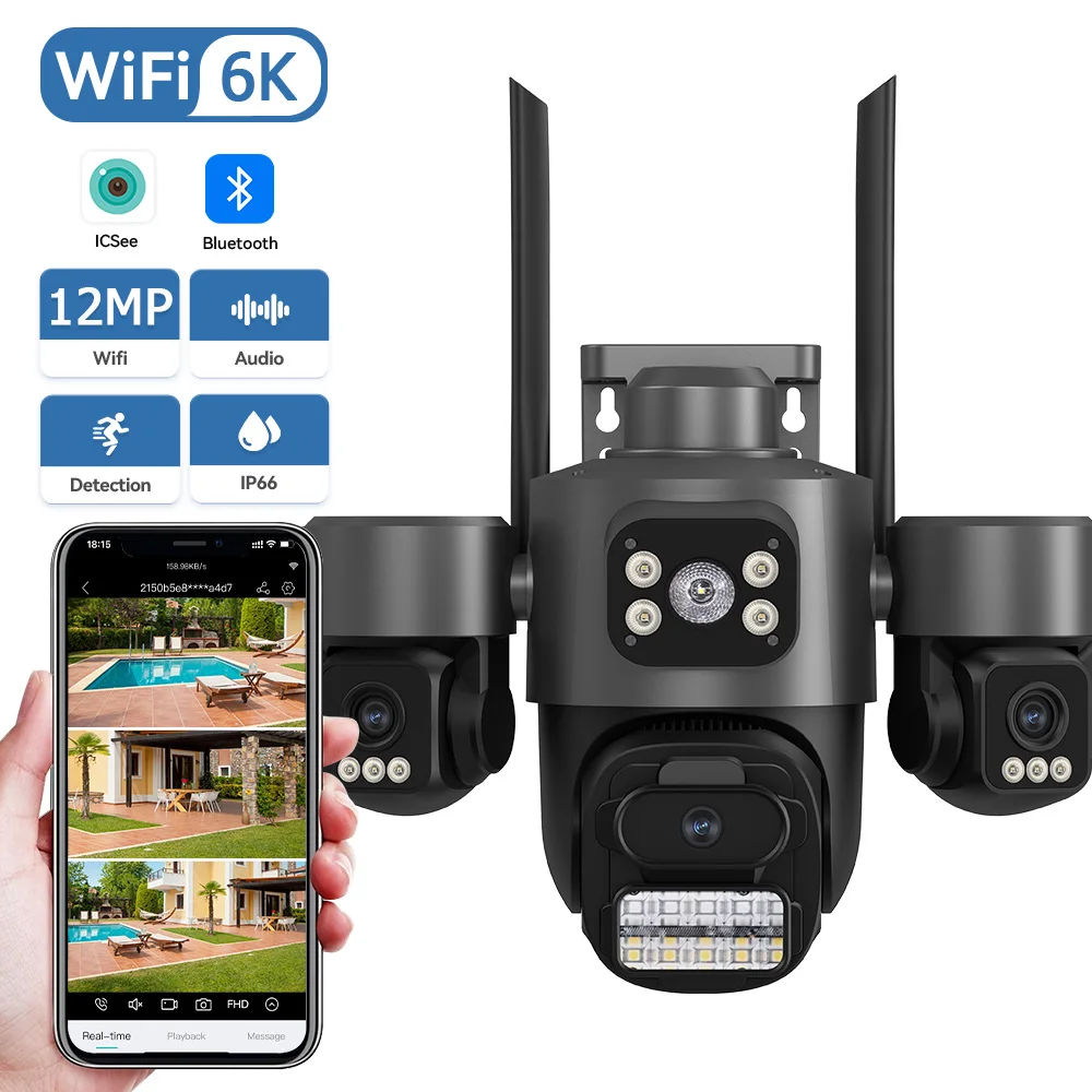 12MP HD Triple Lens Wifi PTZ Security Camera IP66 Waterproof Auto Tracking Night Vision 2-Way Audio iCsee Surveillance CCTV