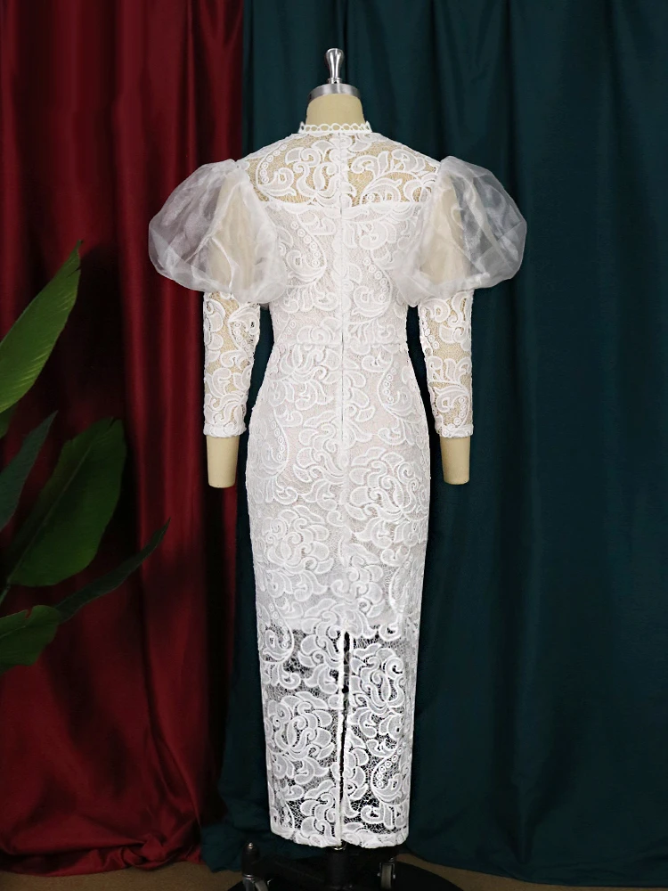 Gaun Midi untuk wanita, pakaian Bodycon renda motif bunga gembung lengan panjang leher tiruan elegan pesta ulang tahun pernikahan pengiring pengantin cantik musim panas