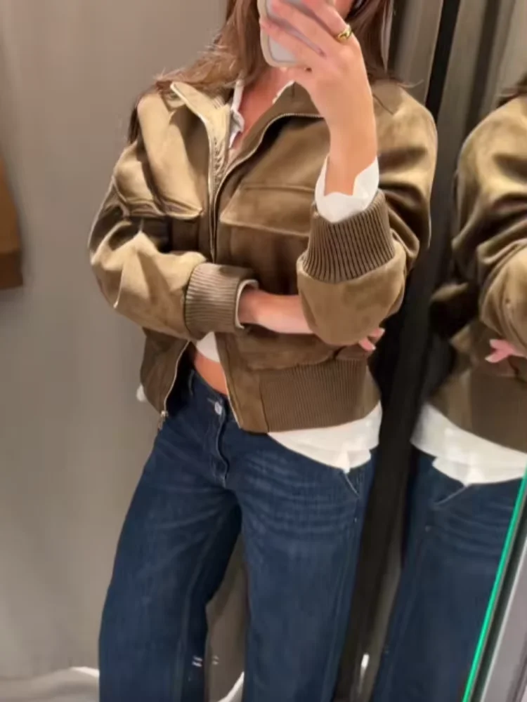 Women Suede-Like Er Jacket Autumn New Ribbed High Collar Zip Up Long Sleeve With Pockets Cropped Vintage Outerwear