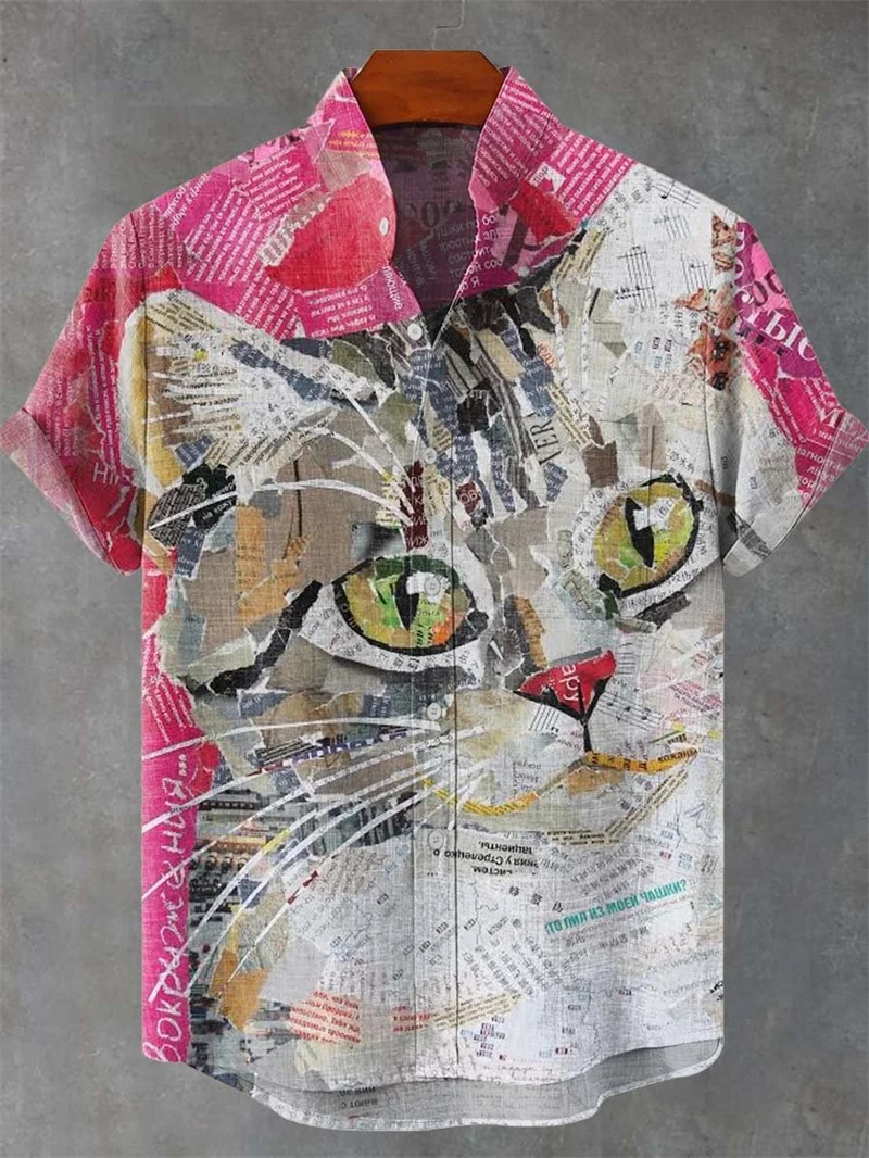 

Мужская горячая распродажа, летняя мода, винтажный художественный цветочный принт, удобный льняной тканевый повседневный топ на пуговицах с короткими рукавами