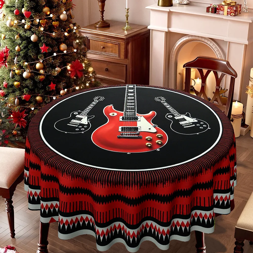 A tablecloth featuring guitar patterns in red, black and white, perfect for birthdays, parties, etc.