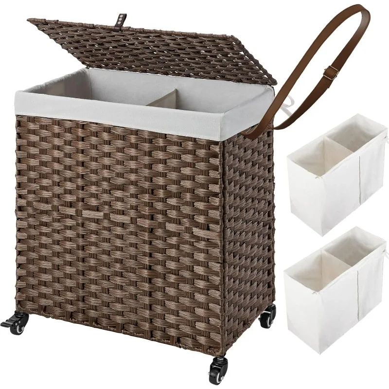 Laundry Hamper with Wheels, No Install Needed, 110L Divided Handwoven Hampers & 2 Removable Liner Bags, Rattan Clothes