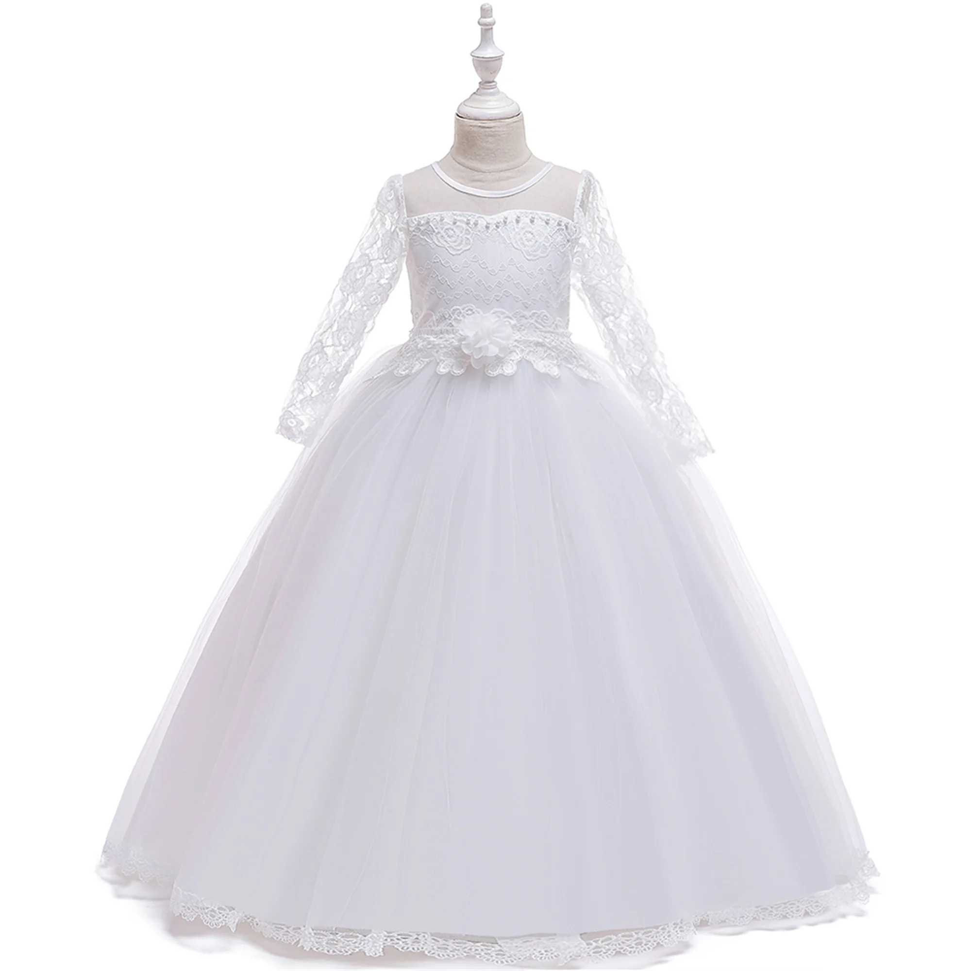 Elegant Pink Bridemaid Party Girls Dress Long Sleeve Flower Tulle Wedding Princess Dresses for Kids First Communion Prom Costume