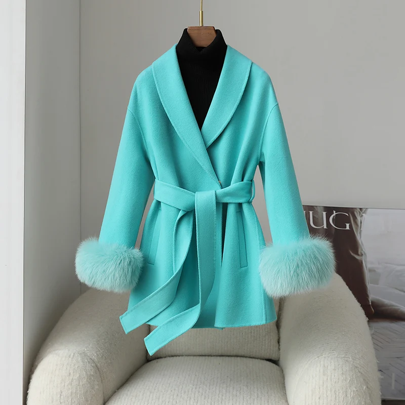 

Pudi Women Winter Real Wool Fur Coat Fox Fur Cuff Hot Lady Design Coats Parka Trench CT349