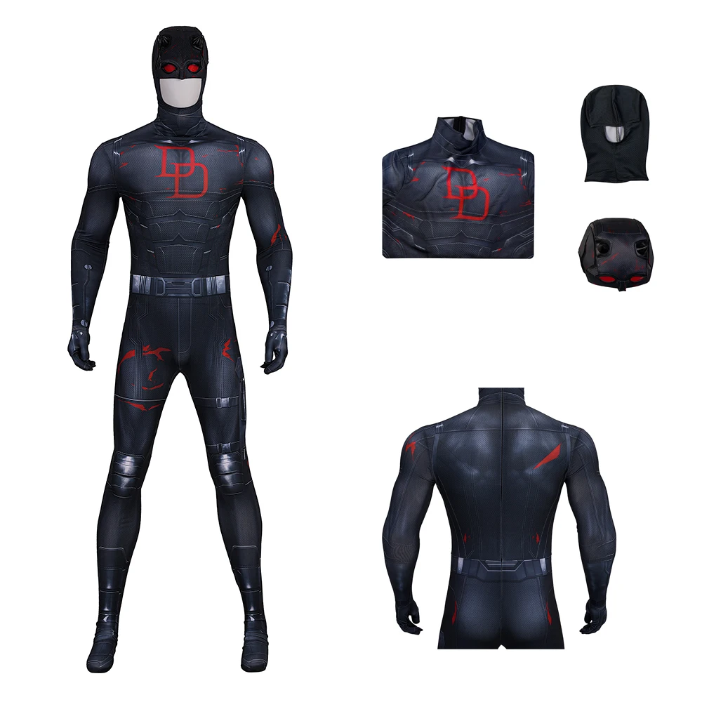 

Super Hero Matt Murdoch Cosplay Costume Men's Black Jumpsuit Halloween Party Laser Printed Tight Jumpsuit