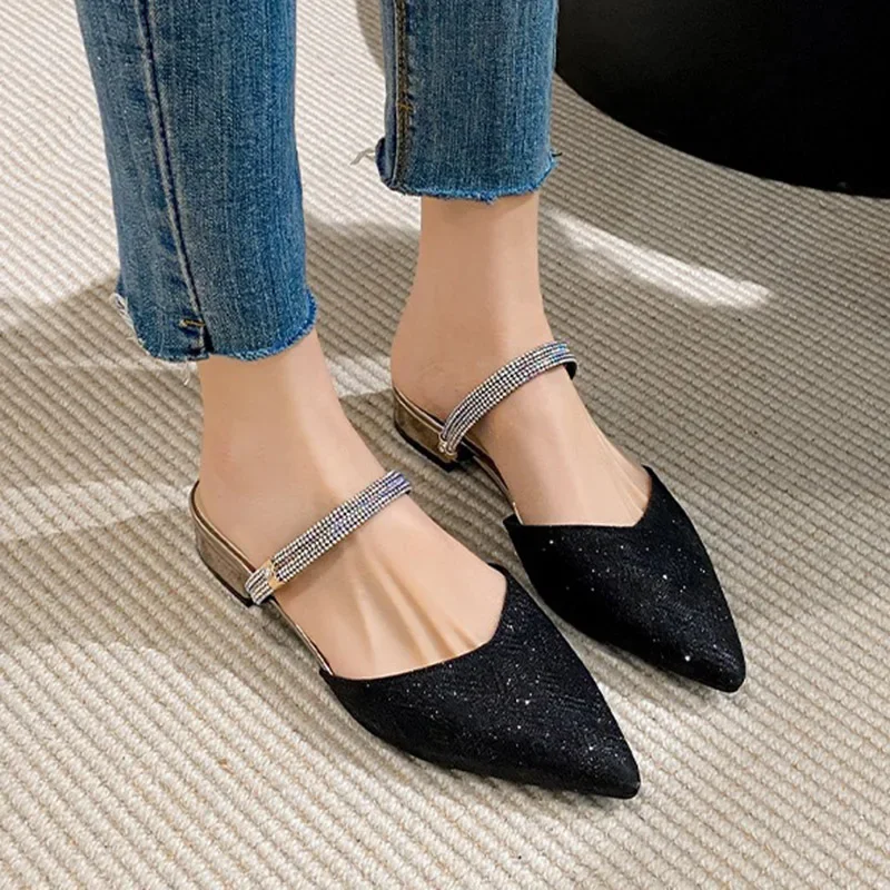 2024 New Women 3.5cm High Heels Fashion Prom Slides Lady Sparkly Sequin Pointed Toe Block High Heels Female Luxury Party Sandals