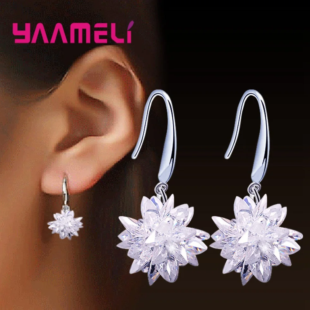 Hot Sale 925 Silver Color Earring Dazzling White Cubic Zirconia Flower Original Design Smooth Hook Woman Lady Ear Pendientes