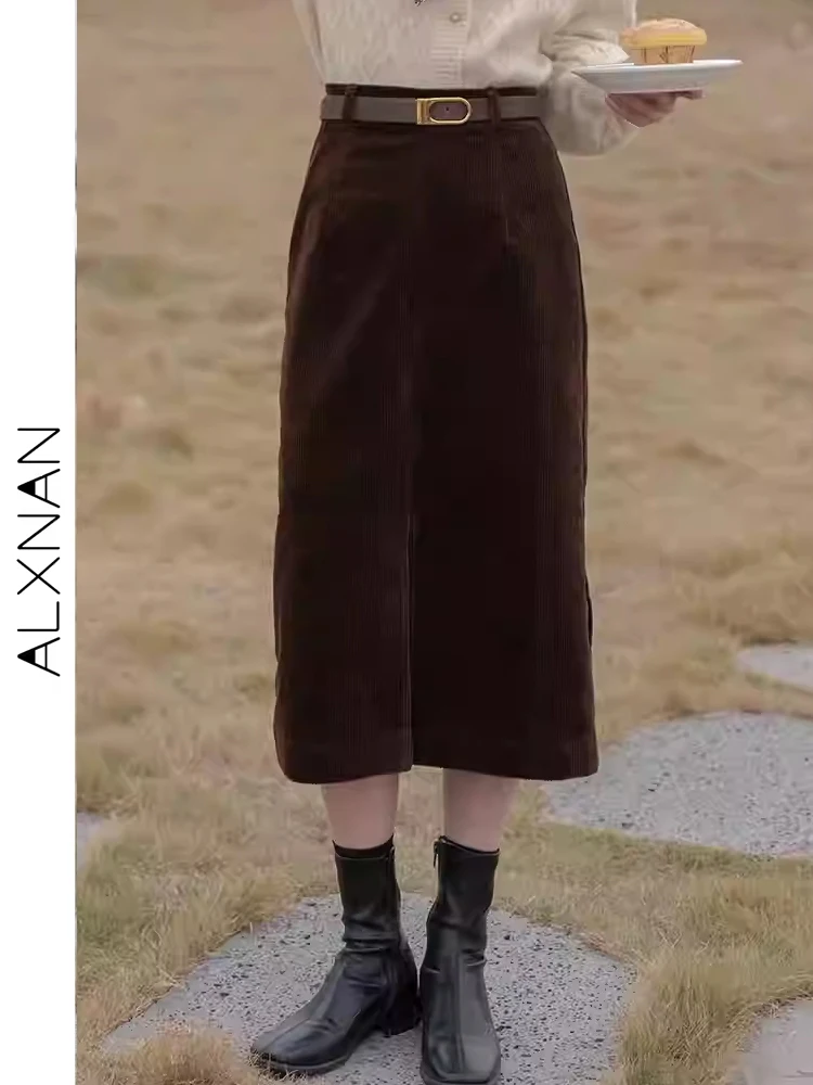 

ALXNAN Women's Corduroy Skirts New Autumn Winter Side Slit Hem Versatile Skirts High Weight Casual Mid-length Skirts LXN15562