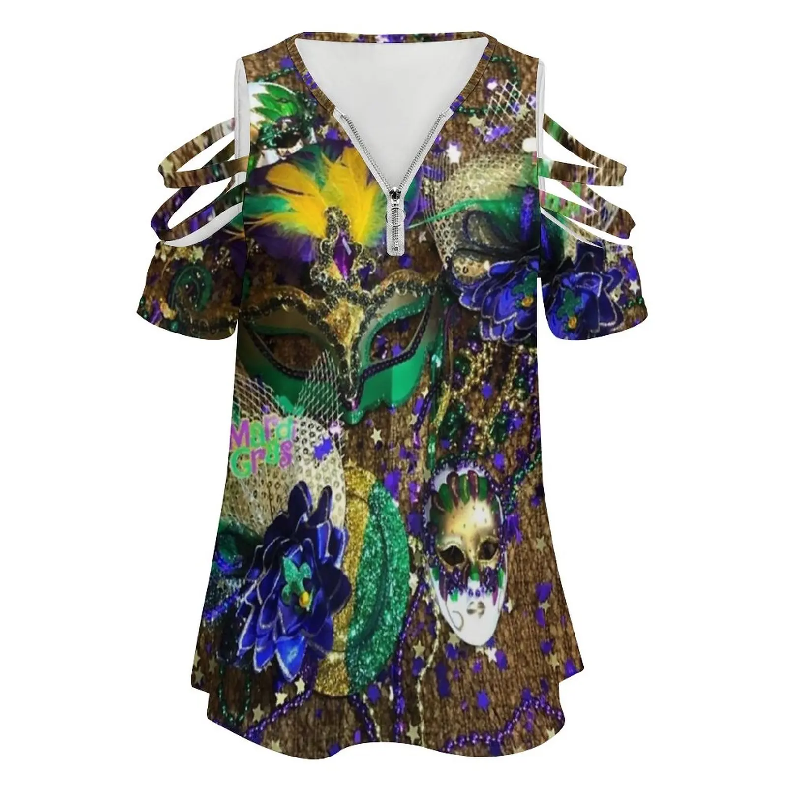 Mardi Gras 1B New Fashion Zip Off Shoulder Top Short-Sleeve Women Shirt Fat Tuesday Madi Gras New Orleans Party Cellular Phone