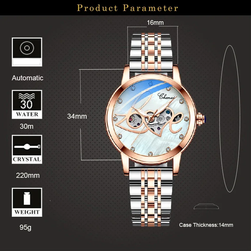 CHENXI 8832 Watch Women Luxury Fashion Heart Watches Stainless Steel Automatic Mechanical Wristwtaches Ladies Relogio Feminino