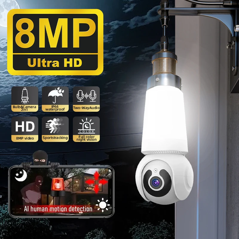 

E27 Bulb Security Camera 8MP HD Video Color Night Vision Ai Human Tracking Two Way Audio Inteligente Wifi PTZ CCTV Monitor Home