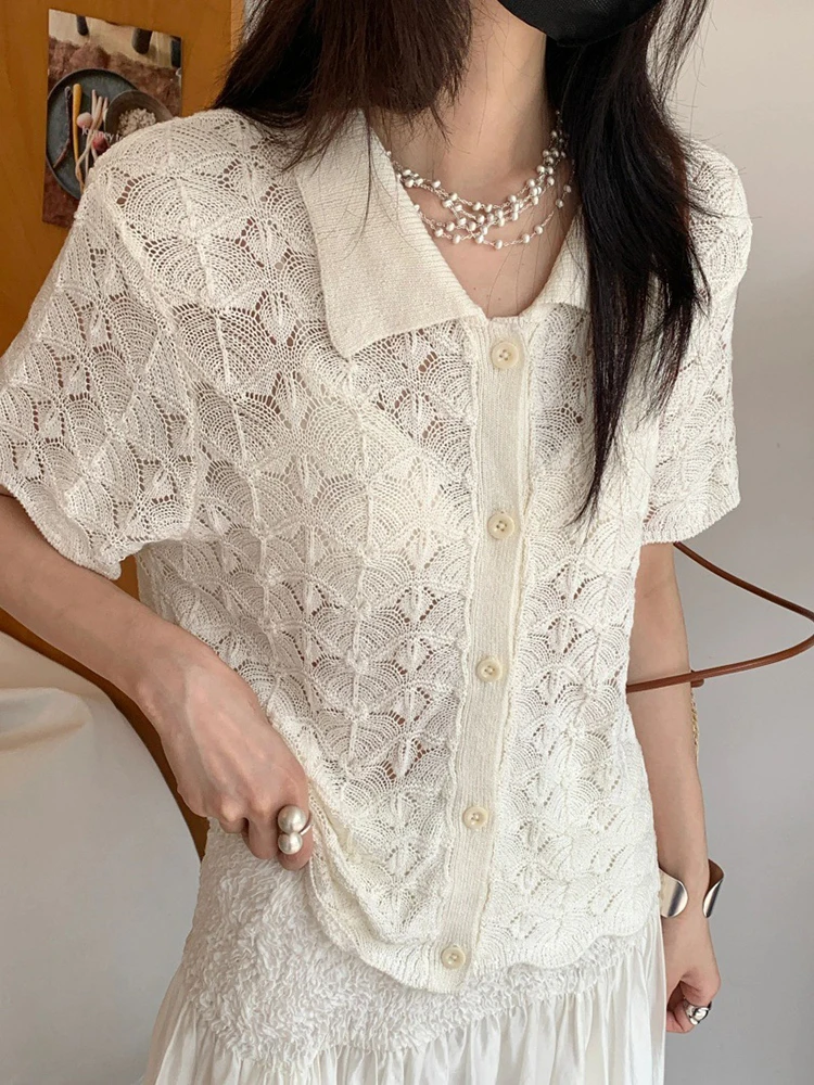 

Футболка с коротким рукавом, модный жаккардовый трикотажный топ с отложным воротником на одной пуговице, женская футболка, новинка Весна 2026