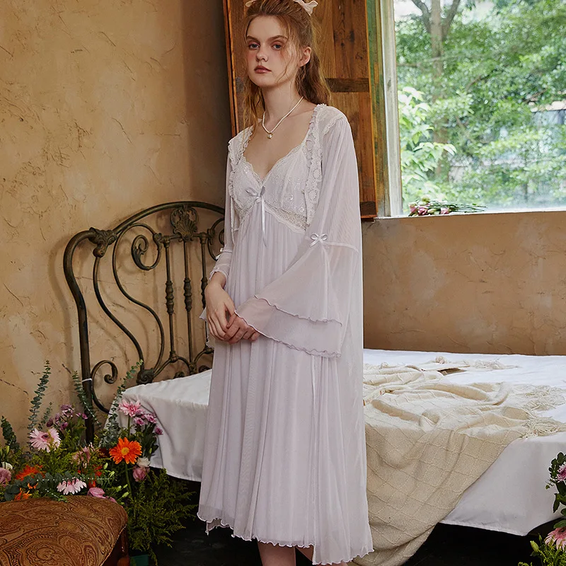 Sexy Mesh Night Dress Fairy Cotton Robe Two Piece Set Pijamas Nightwear Gown and Robe Sets Spring Autumn Modal Long Sleepwear