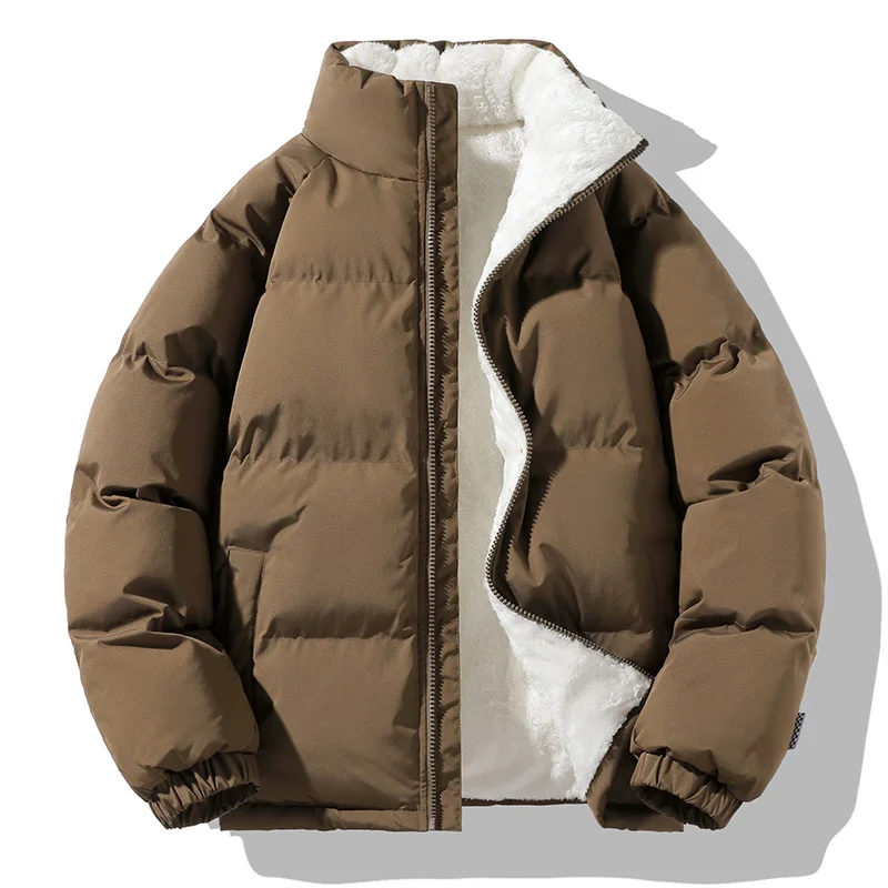 

Men Winter Thick Warm Parka Coat Fleece Inside Male Solid Color Stand Collar Cotton Jacket Men's Cotton Coat Size