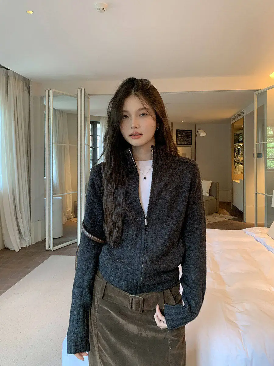 

Linyunyun Deep ey Autumn Winter Knitted Open Cardigan Korean Sle Zipper ort Slimming Outerwear Soft Long Sve Women's...