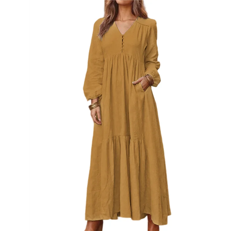FX-robe longue en coton style Boho pour femmes, col en v, manches longues, robe de plage fluide avec poches et boutons