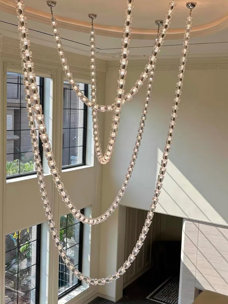 

Loft ceiling hanging lighting, chain-type crystal glass chandelier lustre, dimmable, living room, staircase lamp, light luxury